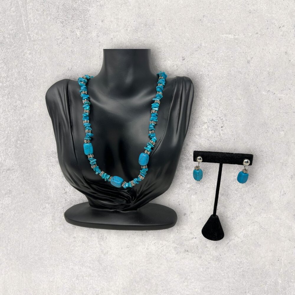 Faux Turquoise Necklace Earrings Set Silver Tone Pierced Drop
